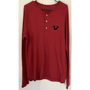 True Religion Long Sleeve Red Henley Velvet Logo T-Shirt Size Large-Made In USA